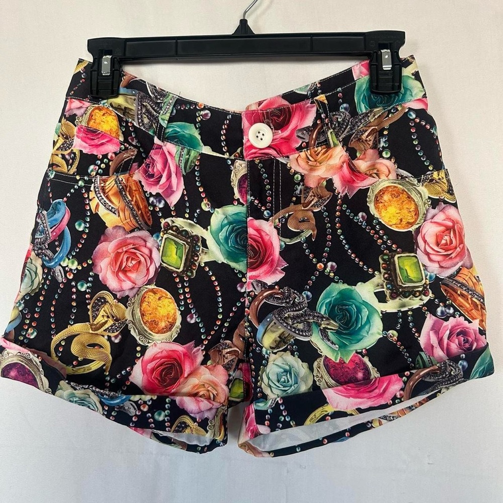 Rare digital print roses and jewels high waist shorts